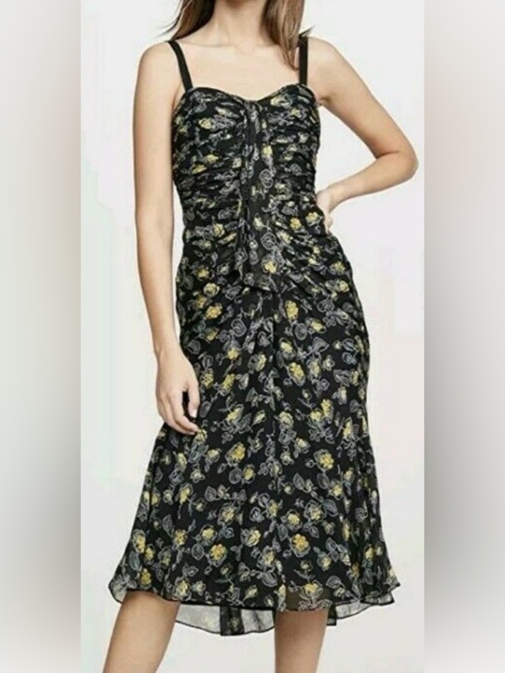 Cinq à Sept Black Floral Ruched Midi Dress Size 4 Yellow Flowers